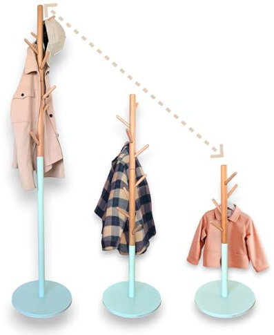 HappyMondo Garderobenständer, Kleiderständer, höhenverstellbar für Kinder und Erwachsene, aus Massivholz und Metall 8 Haken (Mint) - Garderobe - Kleiderstange - Organizer - Handtuchhalter