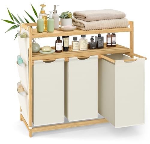SONGMICS Laundry Basket with 3 Compartments, Laundry Hamper, Holds up to 150 L, Laundry Sorter, with Shelf, Laundry Bag, Side Pockets, 3 x 50 L, 94 x 33 x 98 cm, Cream White RLH215W01