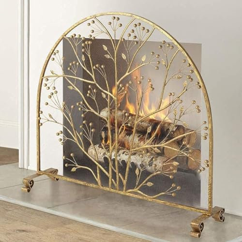 Massiver Schmiedeeiserner Rahmen mit Metallgitter, freistehender Funkenschutz, Funkenschutz, großer, flacher Feuerschutz, goldener Kaminschutz, hoch, 90 cm Dekoration