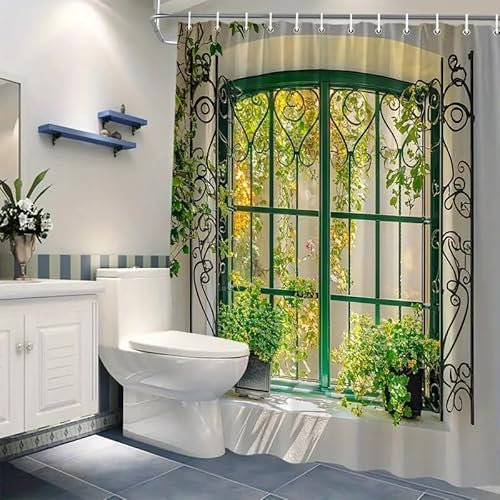 StarBlue-HGS Garden Window Scene Shower Curtain, Decorative Green Iron Gate Design, Bathroom Decor fabric Shower Curtain Multiple Sizes (150×180CM)