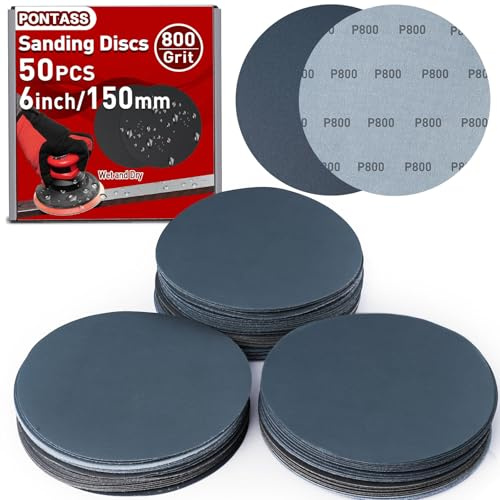 150mm Papier de Verre Sec à l'eau, Disques Abrasifs Ronds, 50 Pièces Grain 800 Tampons de Ponceuse Orbitale Feuilles de Papier Abrasif pour Métal, Bois, Auto, Mastic, Plastique, Ponçage Sans Poussière