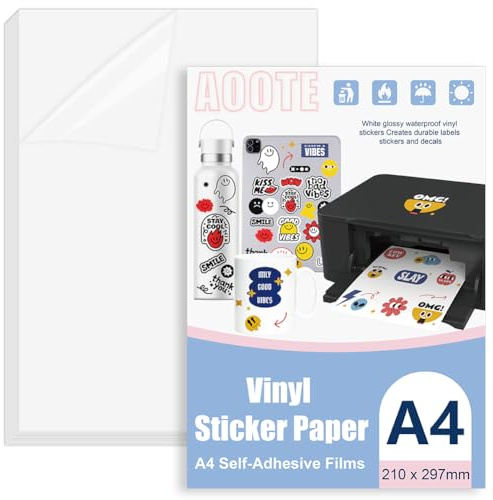 AOOTE Papel Adhesivo de Vinilo Transparente,12 Hojas Vinilo Adhesivo Imprimible A4 Impermeable,50 Micras,A4 Vinilo Imprimible Etiqueta para Impresoras de Inyección de Tinta,297x210mm