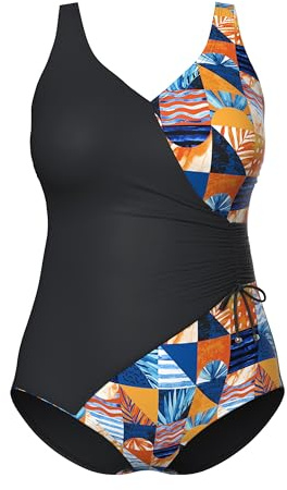 Ulla Popken Damen Badeanzug, Karo, Softcups, Wickeloptik, Recycelt Badeanzug (1er Pack)
