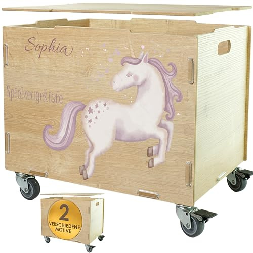 Personalisierbare Aufbewahrungsbox mit Einhorn Motiv, Text oder Namen | clipfritz (33x45,5x34,5 + 6cm Räder-Höhe) Aufbewahrungskiste Mädchen personalisiert, Kinderzimmer Spielzeugkiste