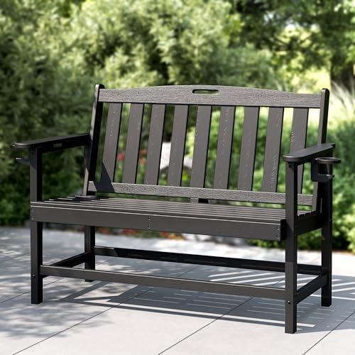 PHI VILLA Gartenbank Wetterfest aus HDPE 2 Sitzer Bank Outdoor Schwarz | Wetterfest HDPE, Holzoptik, 318 kg Tragkraft, Getränkehalter inklusive, Stahlrohr Verstärkt, 2-3 Sitzer Sitzbank