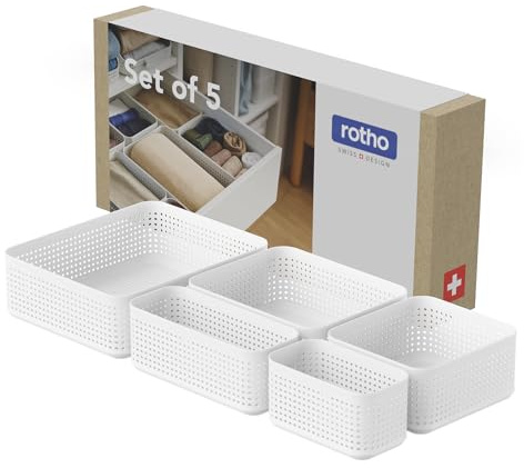 Rotho WOP 5er-Set Schubladen Organizer XS-XL Kleiderschrank Organizer Weiß | Schrank Organizer, Aufbewahrungskorb in fünf Größen, als Schubladenbox stapelbar, Organizer Schublade für Kommode und Regal