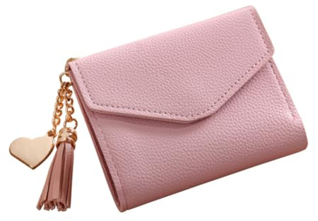 DIKACA Portefeuille Femme Trois Volets à Plusieurs Cartes en PU Rose | Pendentif Pompon et Cœur, Format Mini, pour Cartes, Pièces et Billets, Style Simple Élégant