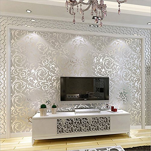 KeTian Gris argenté Rouleau de papier peint non tissé luxueux motif damassé moderne de style victorien en relief texturé pour le salon/chambre à 0.53mx10m=5.3m2