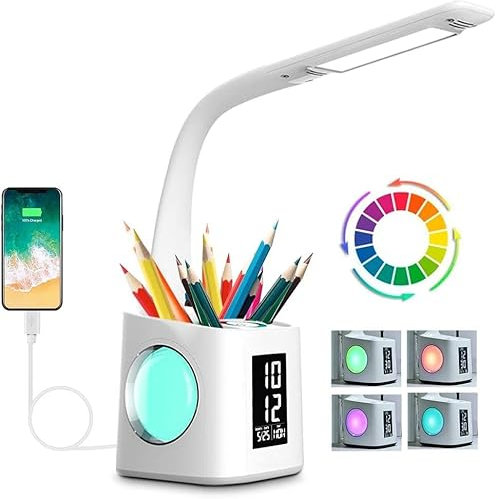 Wanjiaone 7-in-1 Study Desk Lamp with USB Charging, Screen, Calendar, Color Night Light, Kids LED Table Lamp with Pen Holder, Clock, Reading Light, 10W