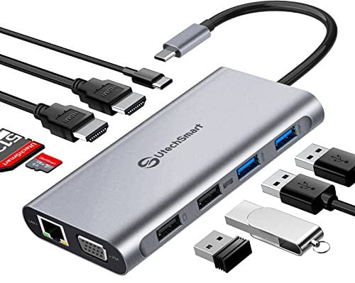 Dockingstation Laptop 3 monitore, 11-1 Typ C Hub mit 2 HDMI, VGA, PD3.0, SD TF Card Slot, 4 USB Ports USB-C Adapter Kompatibel für MacBook & Windows (UCN3270-Grey)