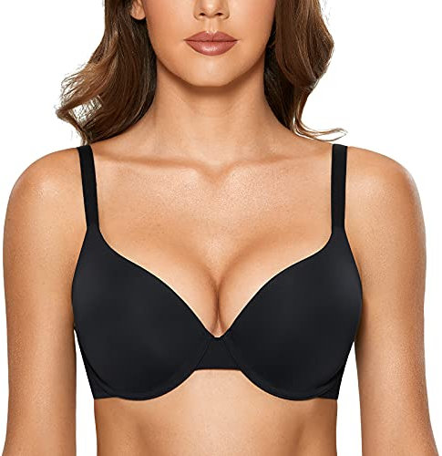 DOBREVA Women's Push Up Bra Underwire Padded T Shirt Bras Full Coverage Plunge Bras Black 34AA