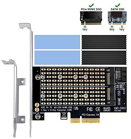 Dual M.2 PCIe-Adapter mit Kühlkörper, 6amLifestyle M2 NGFF-SSD und NVME-SSD zu PCI-e 3.0 x4-Hostcontroller-Erweiterungskartenunterstützung M.2 M Key SSD 2280 2260 2242 2230 mit Low Profile Bracket