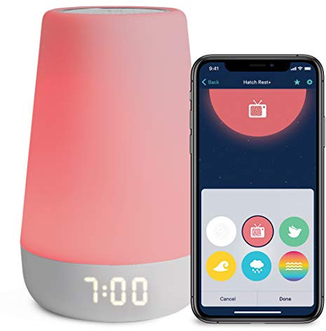 Hatch Rest+ - Dispositivo de sonido y luz nocturna para bebé, ruido blanco y entrenador de sueño infantil, reloj despertador para niños