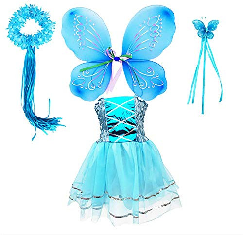 Tante Tina Costume de fée papillon pour fille - 4 pièces avec robe en tulle, ailes, baguette magique et serre-tête - Bleu - Convient pour les enfants de 2 à 8 ans