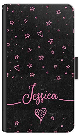 Personalised Initial Phone Case For Apple iPhones, 16, 15, 14,13, 12, 11, Pro Max, Mini, XR, XS, SE, PU Leather Phone Case with Pink Name, Stars, Hearts, Black Marble Print, Side Flip Phone Cover