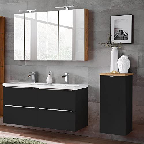 Lomadox Badmöbel Set mit Wäscheschrank, Doppel-Waschtisch 120cm Doppel Keramikbecken seidenmatt anthrazit, Wotaneiche Gesamtbreite 175cm