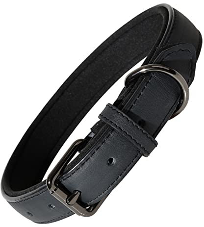 OFHome Hundehalsband aus Leder für große, mittelgroße und kleine Hunde, weiches Leder, gepolstertes Hundehalsband, schwarzes Leder, Größe L