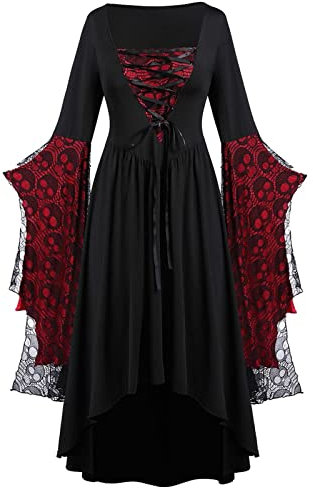 Sexy Gothic Kleid Damen Halloween Kostüme Totenkopf Spitzenkleid Elegante Abendkleid Trompetenärmeln Viktorianisches Kleid Ballkleider Vintage Steampunk Kleid Schwarzes Mittelalter Renaissancekleid