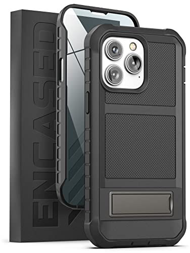 Encased Falcon Designed for iPhone 14 Pro Max Case with Kickstand, Shockproof Built-in Screen Protector with Metal Stand Phone Case Black