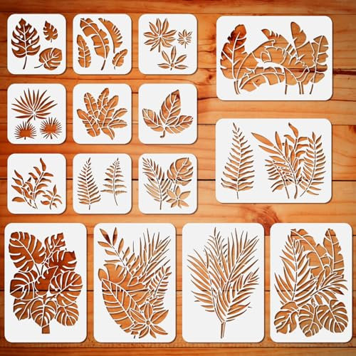 ORIGACH 15 Stück Tropical Leaf Schablonen, Blätter Malerei Schablone, Wiederverwendbare DIY-Bastelschablonen, Wand Malen Schablonen, Malschablone für Malerei Holz Wand Deko, 21×30 cm