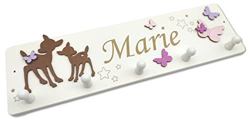 Kindergarderobe aus Holz mit 2 Bambis und Schmetterlingen I Kinderzimmerdekoration I Mit Wunschnamen personalisiert I Handgefertigt I Geburtsgeschenk oder Taufgeschenk