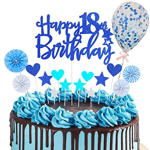 Happy 18th Birthday Cake Topper Blue Glitter Royal Blue 18th Birthday Cupcake Topper Set with Star Heart Paper Fan Balloons Dark Blue Cake Decorations for Boys Girls Him Her Eighteen Years Old Party