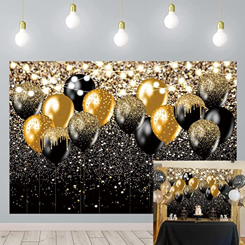 Black Gold Balloon Backdrop Birthday Wedding Prom Graduation Photography Background Black Gold Glitter Bokeh Birthday Party Cake Table Decorate Props 8x6FT