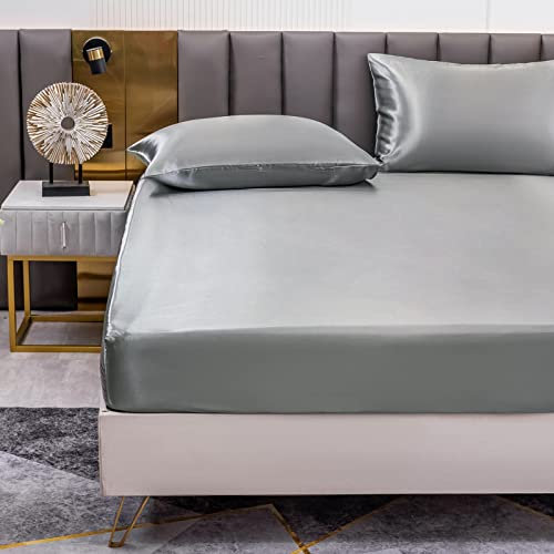 Satin Spannbettlaken Einfarbig 160x200 cm für Matratzen bis 30cm, Betttuch Leintuch Weiche Polyester-Satin Spannbetttuch Bettlaken Dunkelgrau