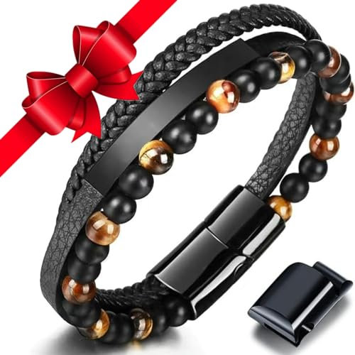 Jbniuay Cadeau Homme - bracelet cuir homme,Bracelet Triple en Cuir avec des Perles en Pierre Naturelle, Cadeau pour hommes/Papa