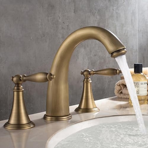 ZYCDP Waschbeckenarmatur Zweigriff Drei-Loch Bad Armaturen Waschbecken Messing Waschtischarmatur Warmes und Kaltes Wasser,Antiquität