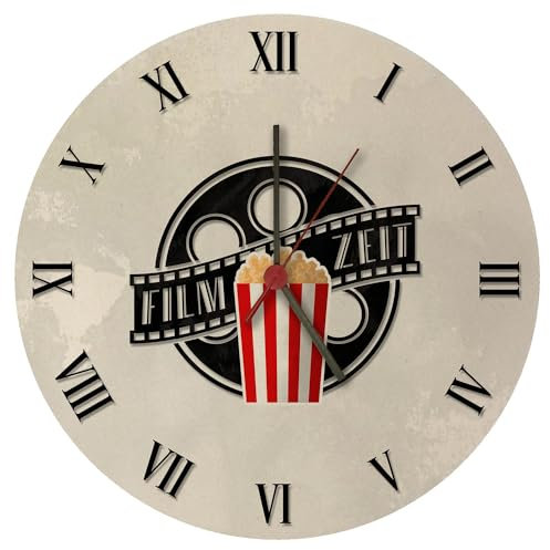 Filmzeit Wanduhr für Filmfans Coole Uhr für Filmnerds mit Filmrolle und Popcorn als Geschenk für Liebhaber von Kinofilmen