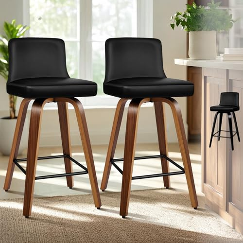 ALFORDSON Swivel Bar Stools Set of 2, 65CM Counter Height Breakfast Stools, Thick Padded Kitchen Chairs with Backrest and Footrest, for Kitchen Island Dining Room Home Pub Furniture, PU Leather, Black