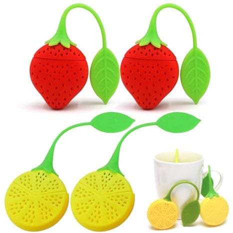 KASESSS 4-Piece Silicone Tea Infuser Set - Silicone Tea Strainers for Loose Leaf or Herbal Tea, Cute Fruit-Shaped Strawberries and Lemons