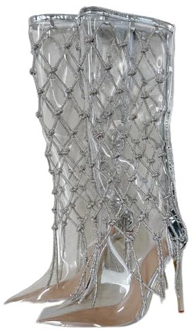Frankie Hsu Stivali sexy da donna con tacco alto a stiletto, argento vernice trasparente PVC strass corda reti largo polpaccio grande taglia US5-14 scarpe per ragazze calde, Argento, 40.5 EU