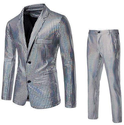 Anzug Herren 2 Teilig Disco Sets Glitzer Jacke und Hose Metallic Glänzende Pailletten Anzüge für Discokugel Party Karneval Kustüm Hochzeit 70er 80er Jahre Outfit Mottoparty Elegant Herrenanzüge