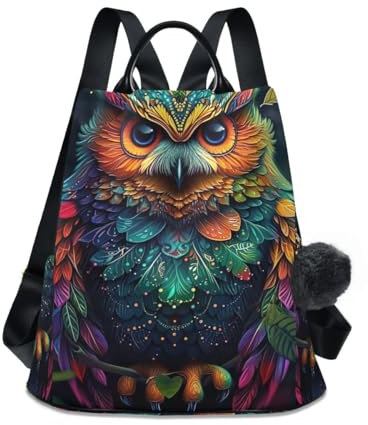 GAIREG Rucksack mit Eule auf Blumen, für Damen, Diebstahlschutz, Handtasche mit Pompon, Reisetasche, Buntes Eulen-grünes Blatt