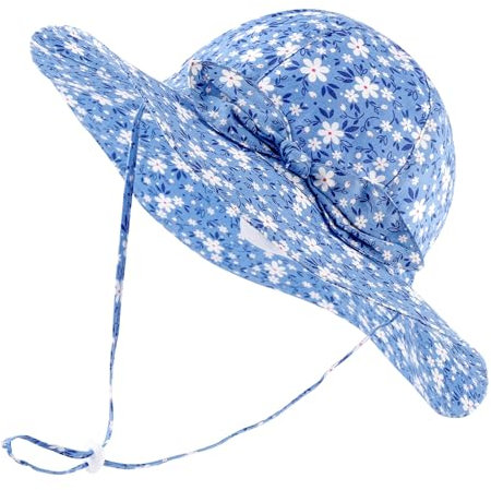 LACOFIA Baby Mädchen Sonnenhut UPF 50+ UV Schutz Kleinkind Sommer Baumwolle Mütze Strandhut Visierkappe mit Verstellbarem Kinnriemen Blau Weiße Blumen 2-5 Jahre