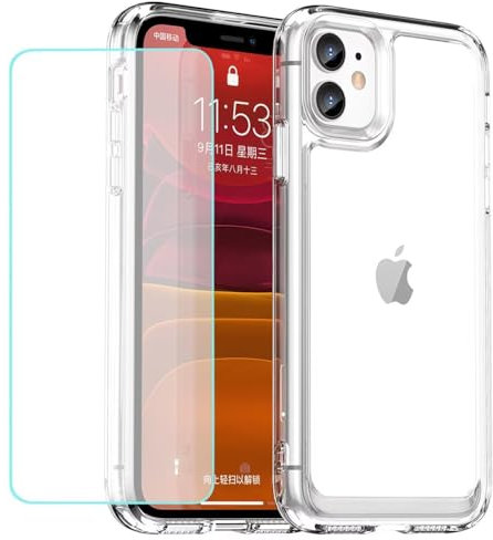 Wanyuexes Case for iPhone 11 Case 6.1 Case with Tempered Glass Screen Protector, Anti Yellowing Clear Hard PC Back & Soft TPU Bumper Protective Phone Cover for iPhone 11 Crystal Clear