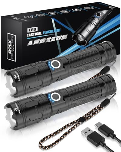 Andizun Torches 10000 Lumens Rechargeable Flashlight, Led Torch 5 Modes Super Bright IPX5 Waterproof USB-C Charging Tactical Flashlights, Powerful Flashlight for Emergencies Camping, 2 Pack
