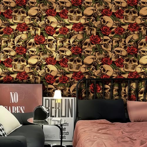 funlife Black Wallpaper Vintage Pattern Wall Mural Self Adhesive Furniture Sticker Art Deco Vinyl Mystic Skull and Rose Wall Sticker 38.6cm x 100.6cm