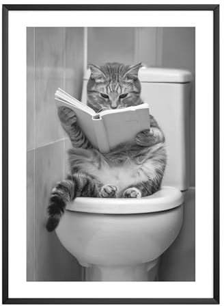 MJ-GRAPHICS® | Badezimmer Deko Bilder - Katzen Badezimmer Deko Bild Schwarz-Weiß | Witzige Wanddekoration für Toilette - lustige Wanddeko - WC Toilette Deko| Din A2 Qualitätsdruck - ohne Rahmen