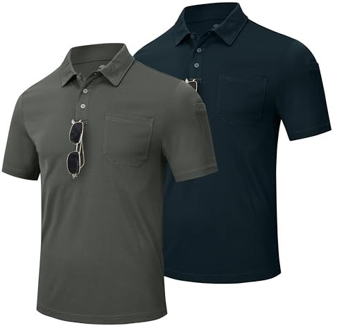 MoFiz Men's Polo Shirt Short Sleeve Casual Work Golf Shirt Breathable Quick Dry Outdoor Hiking Safari Sports Polo Tee Top Navy & Dark Grey Size US XL