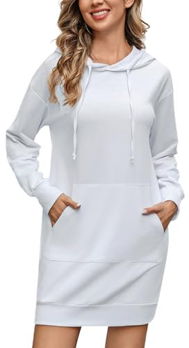 Terecey Robe Sweat Femme Long à Capuche Pull Robes avec Poche Manches Longues Casual Hoodie Hiver Blanc