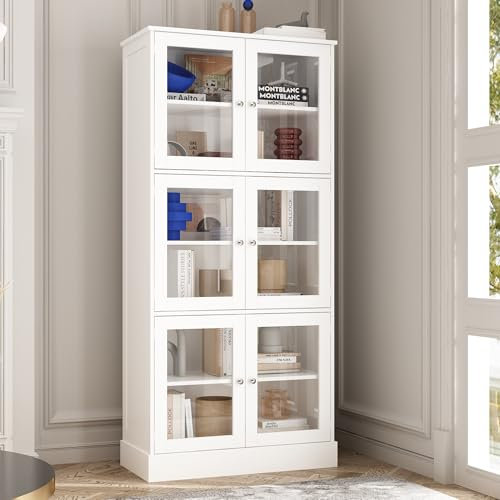 PREMTURE Tall Display Cabinet with 6 Glass Doors, Modern Bookshelf with Storage Shelves, Wooden Bookcase for Living Room Study Room, White, 38 D x 80 W x 172.5 H cm