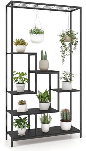 COSTWAY Pflanzenständer 6 Etagen, 180 cm Pflanzenregal Metall, Blumenregal mit 10 S-Haken & Gitterablage, Blumenständer Blumentreppen für Balkon, Wohnzimmer (Schwarz)