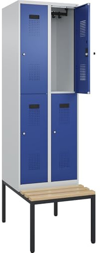 kaiserkraft | Doppelstock-Spind Evolo Plus Sitzbank | 2 Abteile | lichtgrau/enzianblau | B 600 mm | Zylinderschloss | mit untergebauter Sitzbank | Buche