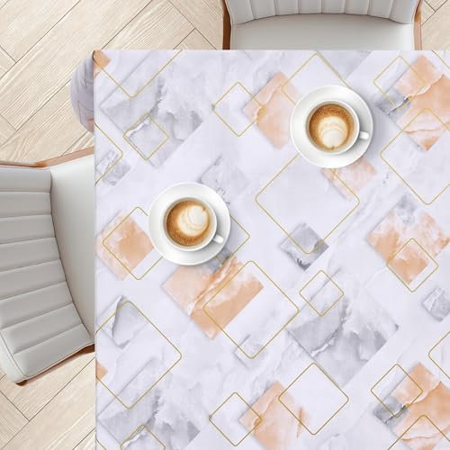 KP HOME Graue PVC Tischdecke Abwischbar Mit Luxuriösem Marmor-Muster – Quadratische Wachstischdecke 140x140cm, Wasserdichte Kunststoff Vinyl Wachstuch Mit Modernem Geometrischen Golddekor, Für Draußen