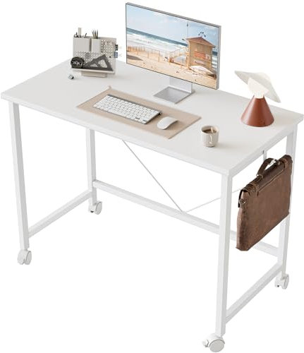 Mericonia 100 cm Computer Desk With Wheels, Gaming Desk for Small Spaces, Modern Simple Style Desk for Home Office, Study Student Writing Desk, White
