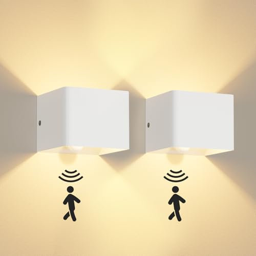Kinamy Wandleuchte mit Bewegungsmelder Innen, LED Wandlampe Up Down, Wandbeleuchtung Moderne Weiß, Wandleuchten für Flur, Treppen, Küche, Wohnzimmer, Schlafzimmer, 2 Stück