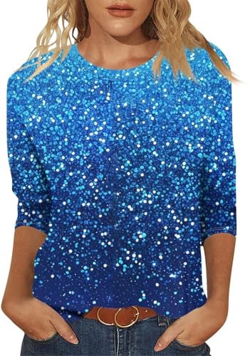 Meine Bestellungen Anzeigen Damen Glitzer Pailletten Oberteil Shirt Elegant Festlich Tops 3/4 Ärmel Rundhalsausschnitt Basic Sommer Tunika Tops,Blau,M